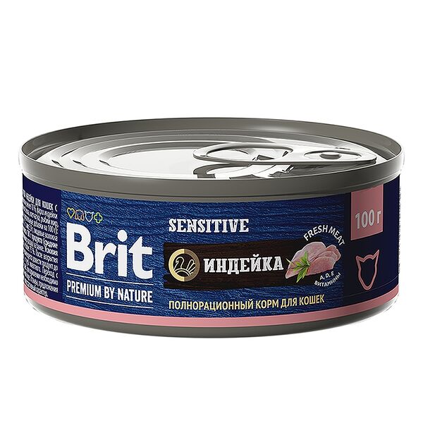Корм для кошек BRIT Premium by Nature с чувствительным пищеварением, мясо индейки банка