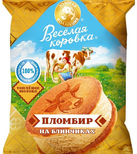 Мороженое Веселая Коровка Пломбир с топленым молоком на блинчиках 12% 74г