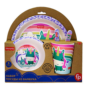 Набор посуды из бамбука Fisher Price Единорог, 5 предметов: тарелка глубокая, тарелка плоская, стакан, вилка, ложка