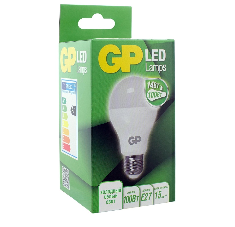 

Лампа светодиодная GP А60-14WE27-40K-2CRB1 холодный белый свет, 14 Вт