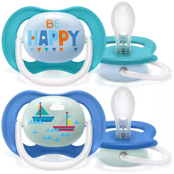 Пустышка силиконовая Ultra Air декор Кораблик/Be Happy, 6-18 мес, (уп. 2 шт.), для мальчиков Philips AVENT имп. Philips Consumer Lifestyle B.V; Импортер/Организация уполномочена принимать претензии от покупателей10
