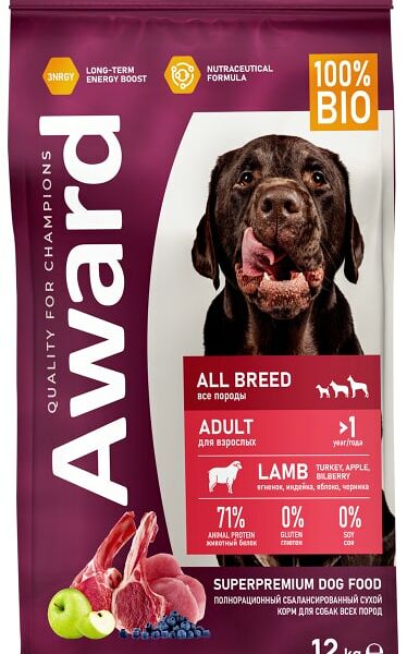 Сухой корм для собак Award с ягненком с индейкой с добавлением яблока и черники 12кг