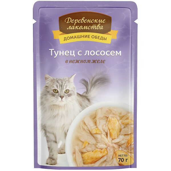 Корм для кошек ДЕРЕВЕНСКИЕ ЛАКОМСТВА Тунец с лососем в нежном желе пауч 70г (упаковка - 12 шт)