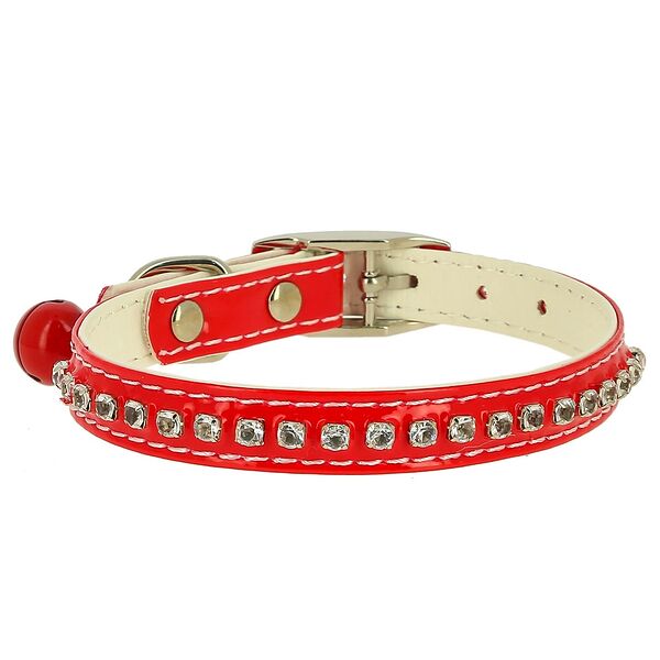 Ошейник для кошек Синтетик двойной прошитый со стразами и бубенчиком красный 30х1,2 см