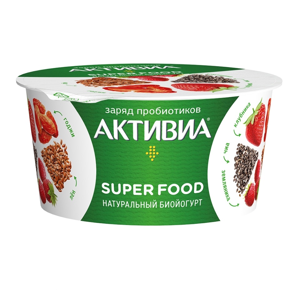 

Биойогурт натуральный Активиа Super food с клубникой, льняными семенами, семенами чиа 2.3% 140 г