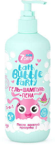 

Гель-шампунь для душа детский 7DAYS Bath bubble party 3в1 с арбузиком, 400мл
