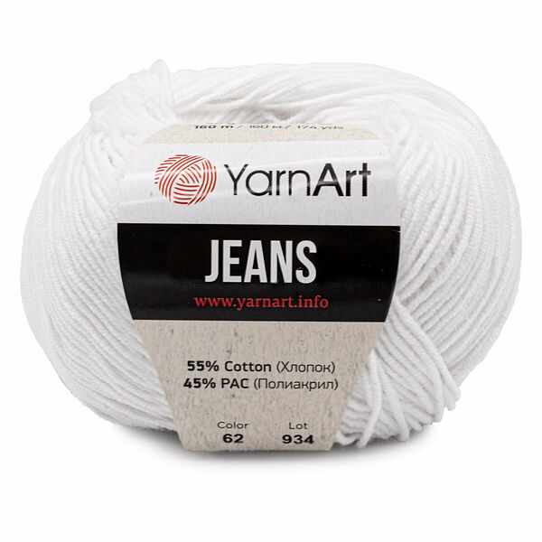 Пряжа YarnArt 'Jeans' 50гр 160м (55% хлопок, 45% полиакрил)(62 белоснежно-белый), 1 моток