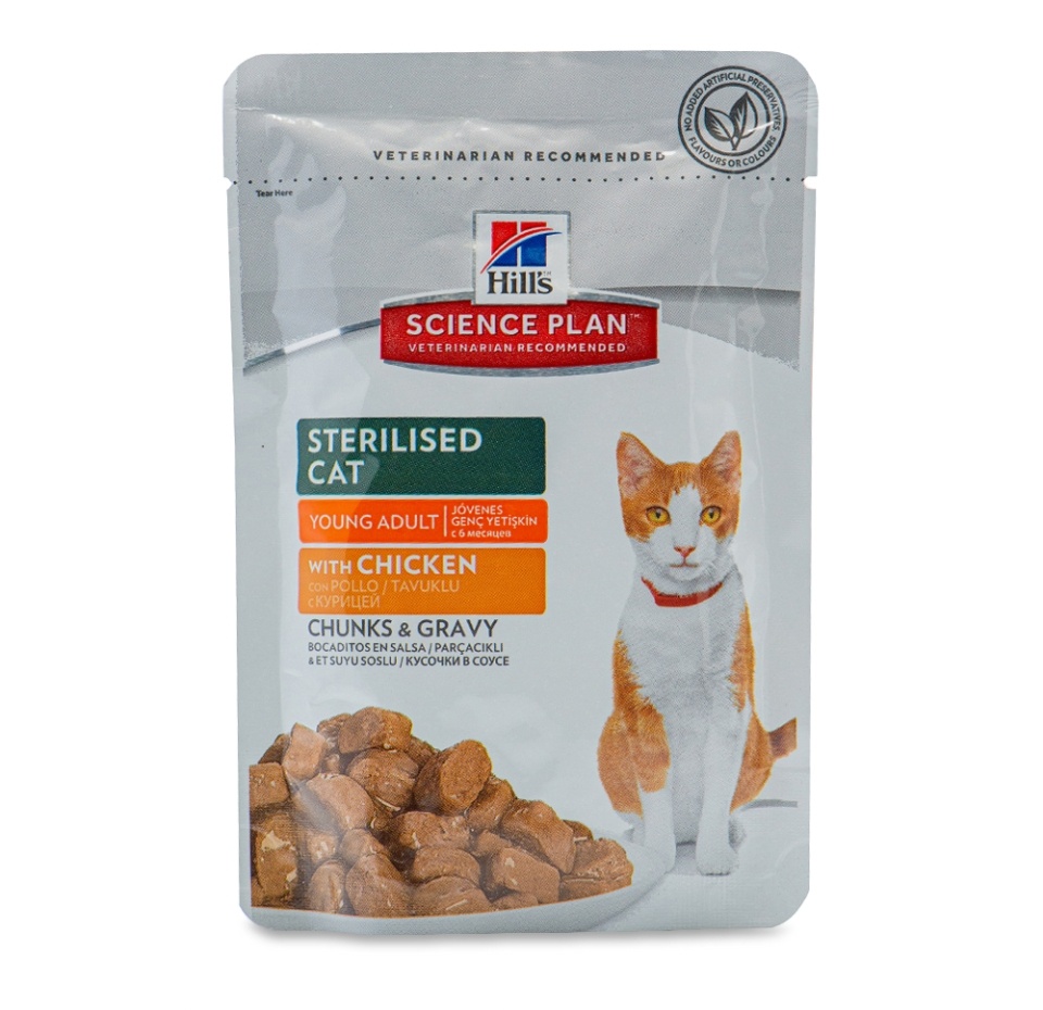 

Влажный корм Hill's Science Plan для молодых стерилизованных кошек от 6 месяцев до 6 лет (кусочки в соусе), курица 85 г