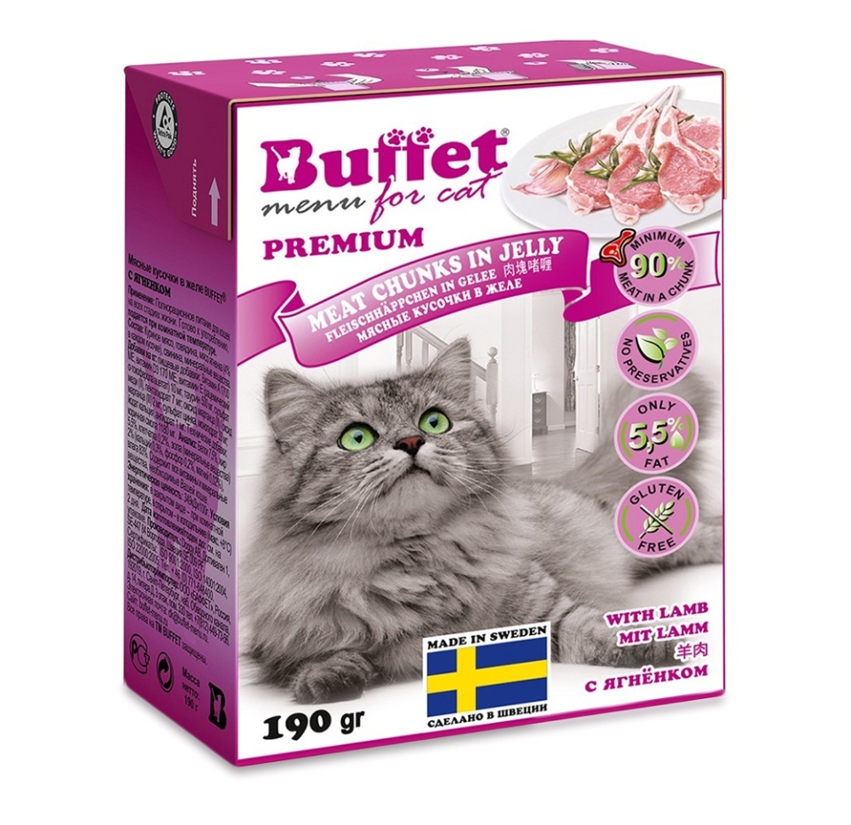 

Консервы для кошек Buffet Premium кусочки в желе Ягненок 190 г