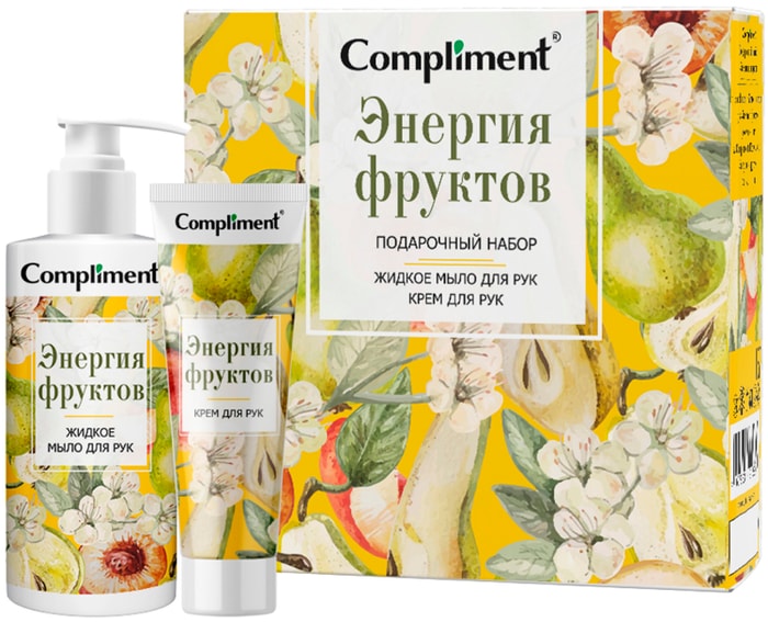 

Набор подарочный женский для тела Compliment Энергия фруктов: Жидкое мыло для рук 320 мл + Крем для рук 100 мл, 420 мл