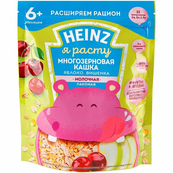 Каша Heinz Лакомая многозерновая яблоко-вишенка с 6 месяцев, 170г