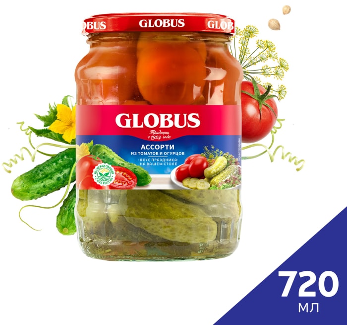 

Ассорти Globus из маринованных томатов и огурцов 680 г