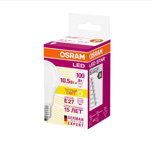 Лампа светодиодная Osram Е27, груша, 10.5 Вт, теплый свет