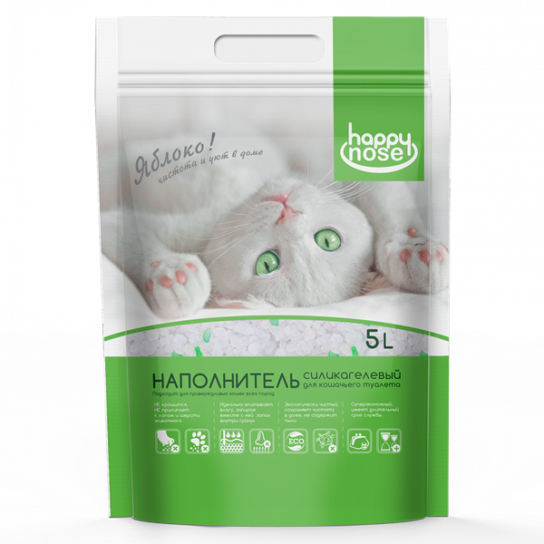 Наполнитель Happy Nose для кошачьего туалета, силикагелевый, впитывающий с ароматом яблока 5 л