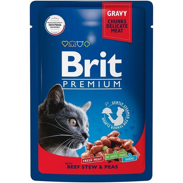 Brit Premium пауч для кошек (кусочки в соусе) Говядина и горошек