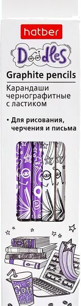 Набор чернографитных карандашей Hatber Doodles твердость HB 6шт