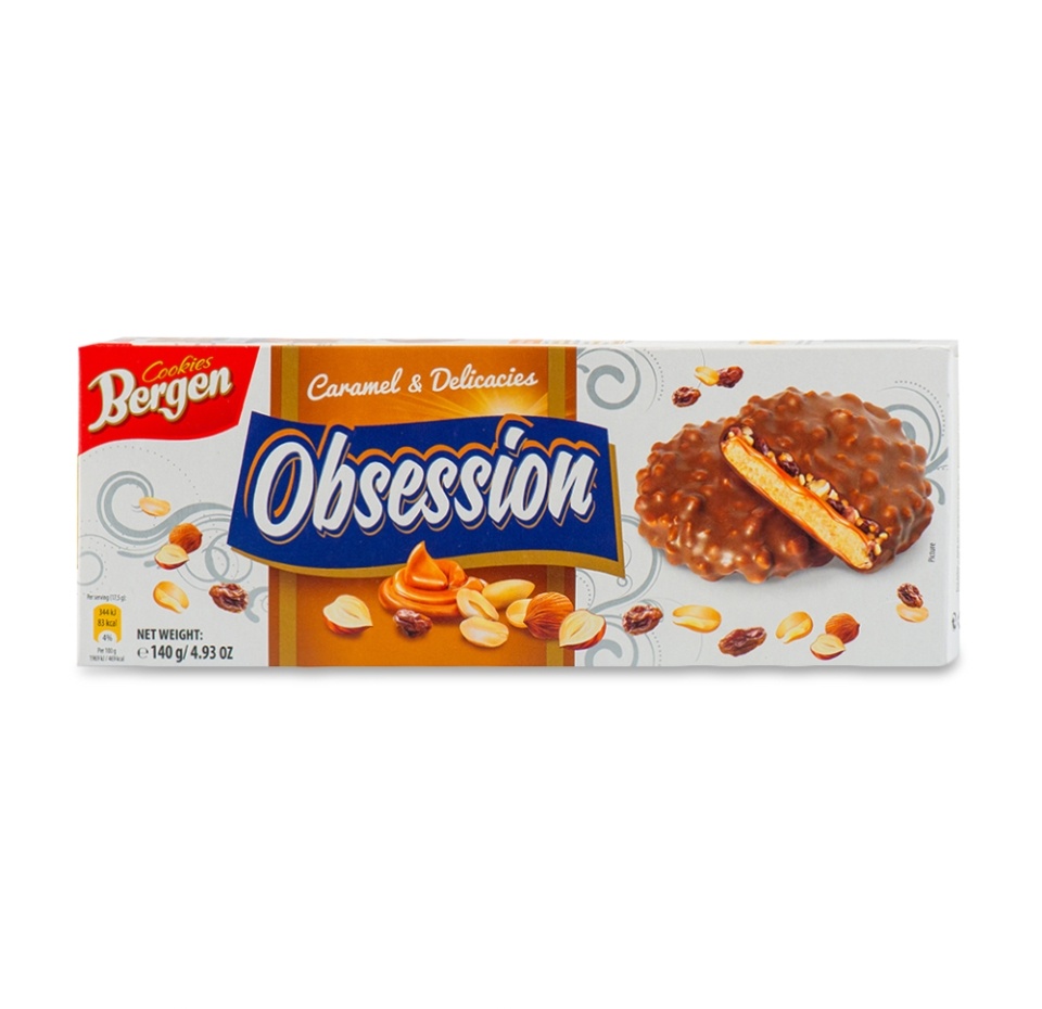 

Печенье Bergen Obsession с карамелью, сушеными фруктами с орехами в молочном шоколаде 128 г