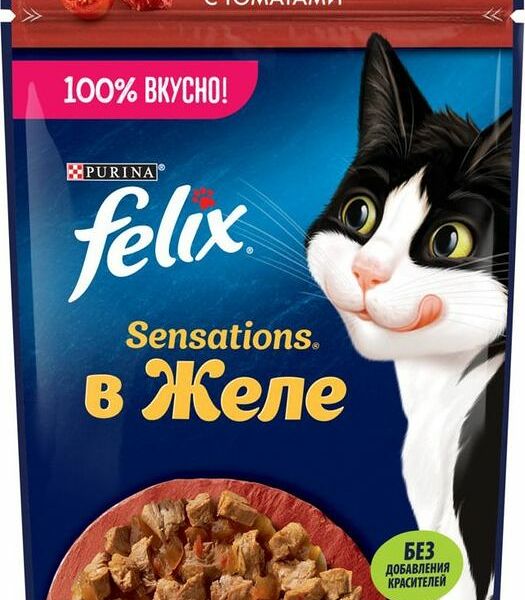 Корм влажный Felix Sensation Говядина в желе с томатами для взрослых кошек 75г