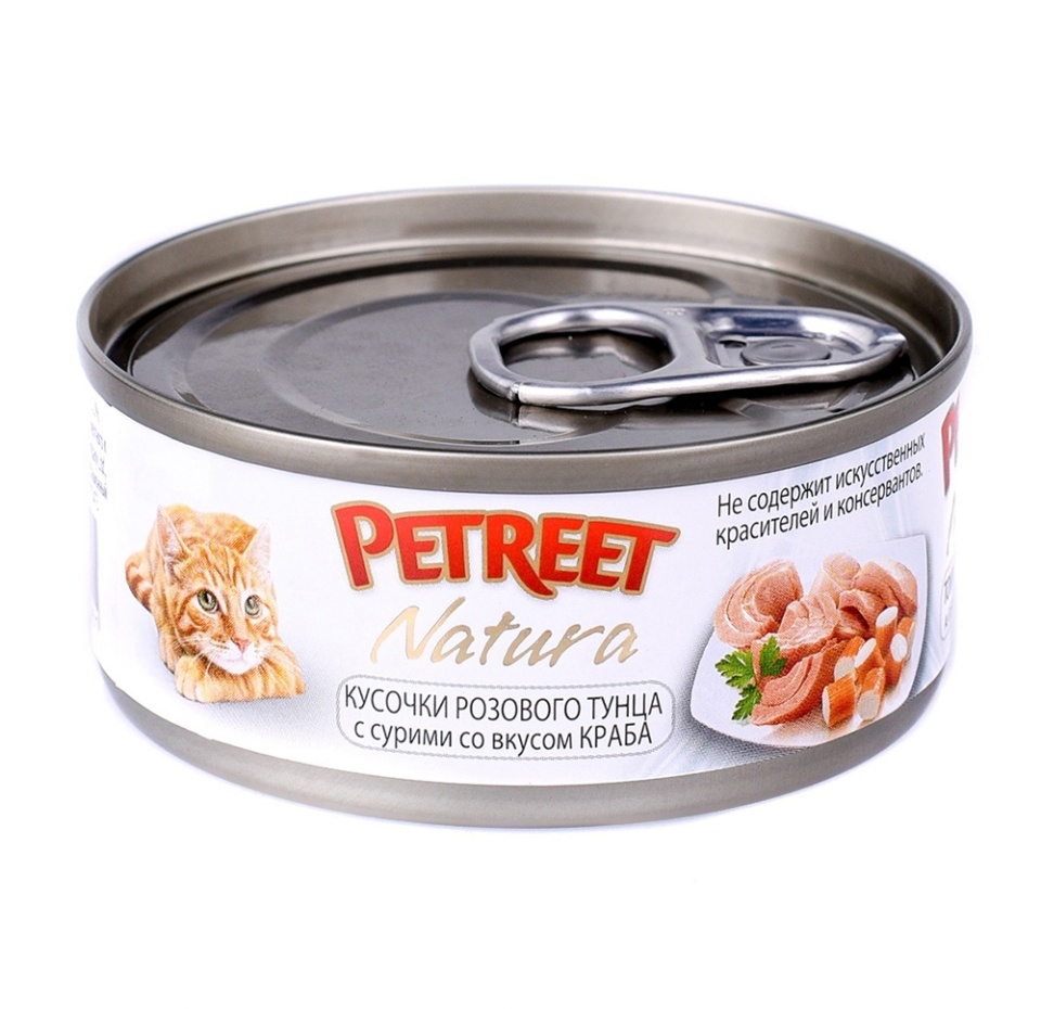 

Корм для кошек Petreet Natura Консервы Кусочки розового тунца с крабом сурими Palmera 70 г