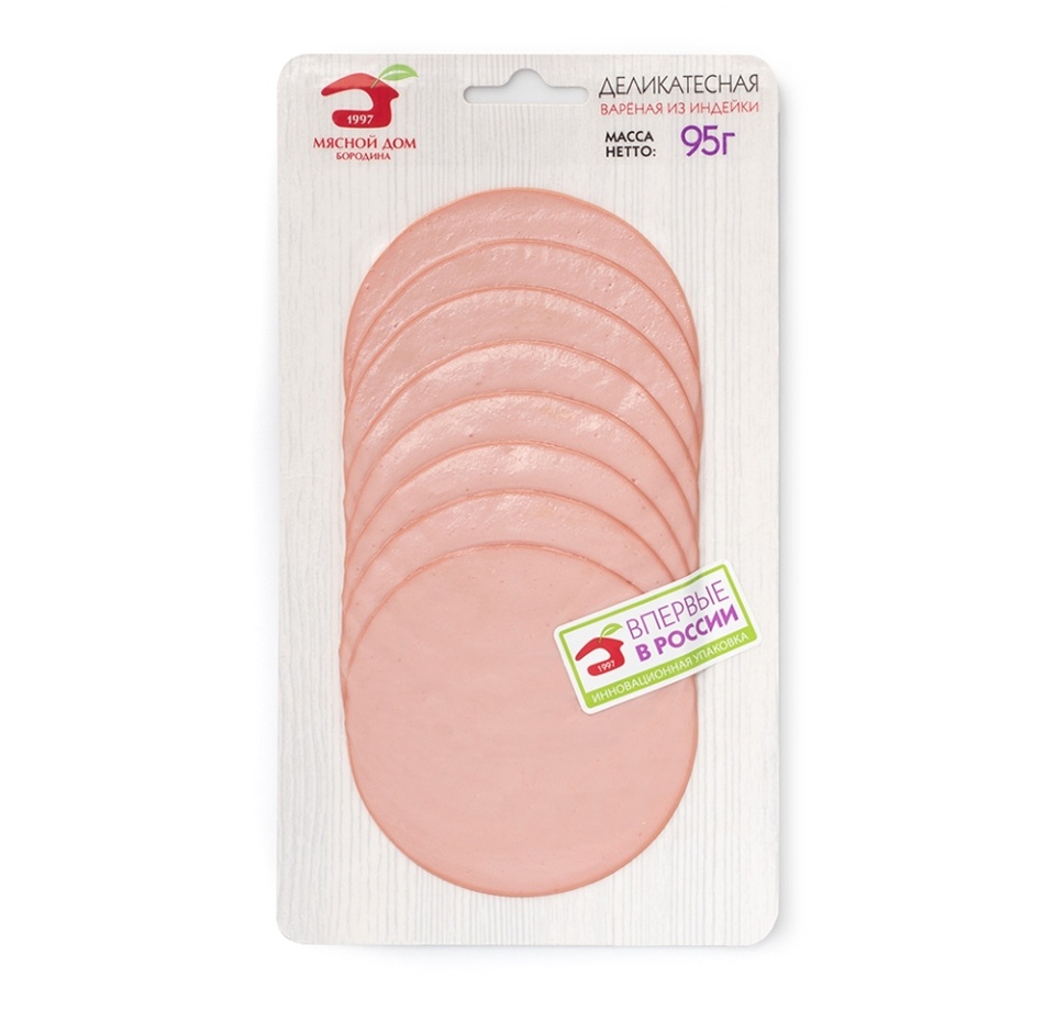 

Колбаса вареная МД Бородина Деликатесная из индейки в/у нарезка 95 г Россия