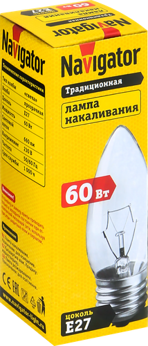 

Лампа накаливания Navigator 60Вт Е27, прозрачная, свеча