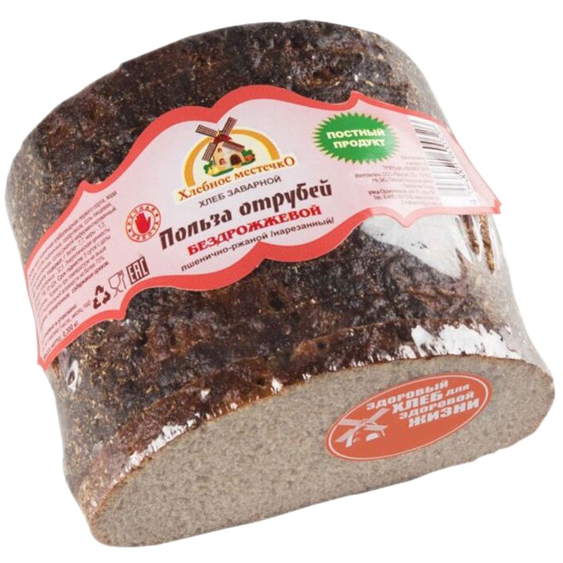 

Хлеб пшенично-ржаной Хлебное местечко Польза отрубей бездрожжевой заварной подовый 240 г