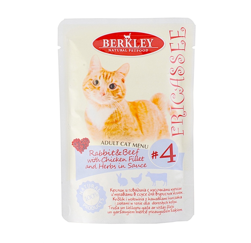 

Корм влажный для кошек Berkley Fricassee №4 в соусе с кроликом, говядиной, кусочками курицы и травами, 85 г