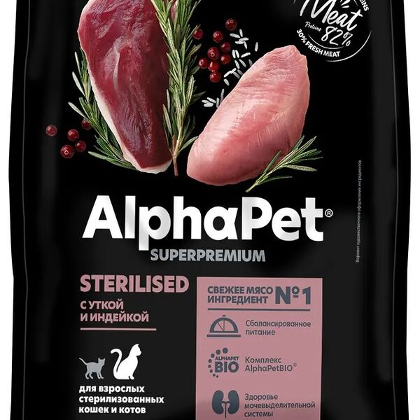 AlphaPet Superpremium сухой корм для для взрослых стерилизованных кошек и котов Утка и индейка