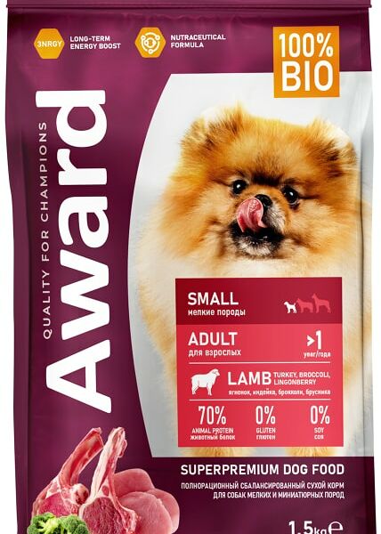 Сухой корм для собак Award для мелких и миниатюрных пород с ягненком и индейкой с добавлением брокколи и брусники 1.5кг