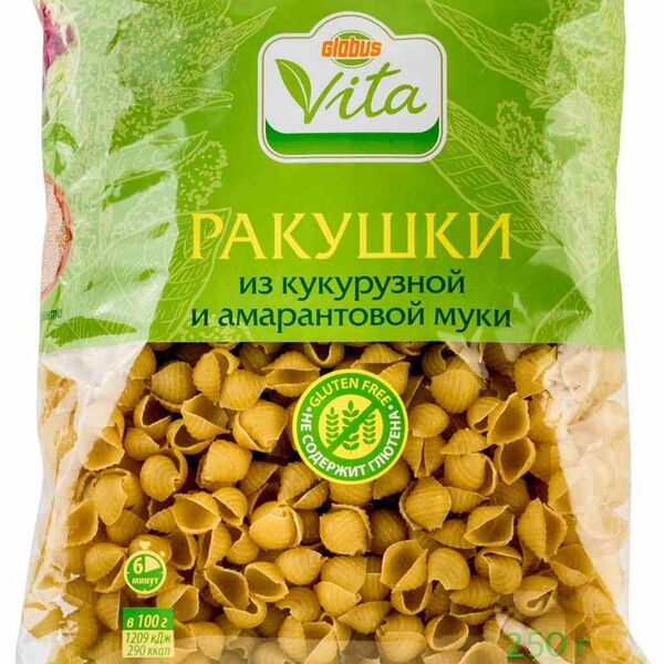 Макаронные изделия из кукурузной и амарантовой муки Ракушки Глобус Вита