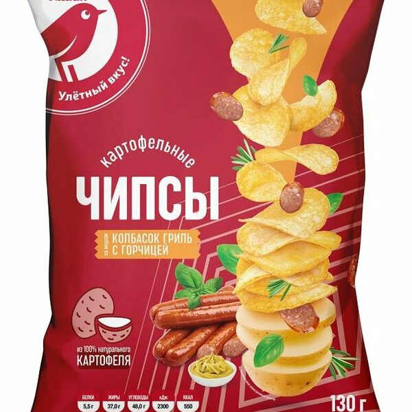 Чипсы Ашан Красная птица со вкусом колбасок гриль и горчицы