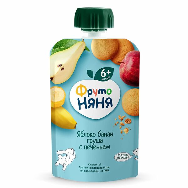 Пюре ФрутоНяня из яблок, бананов и груш с печеньем, с 6 месяцев
