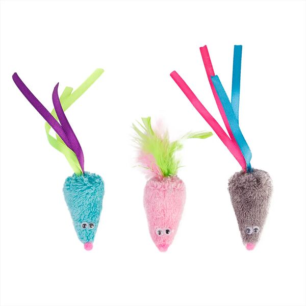 Набор из 3-х мышек с пером и лентами для кошек, цветные