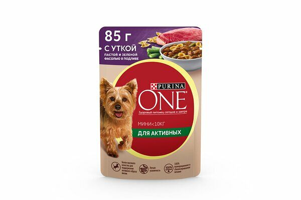 Корм влажный Purina one mini для собак утка с пастой и зеленой фасолью в подливе