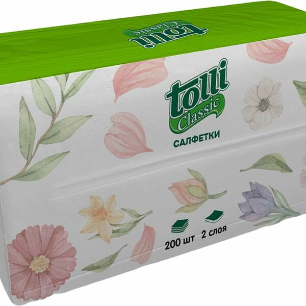 Салфетки Tolli Classic бумажные белые 200шт 2 слоя