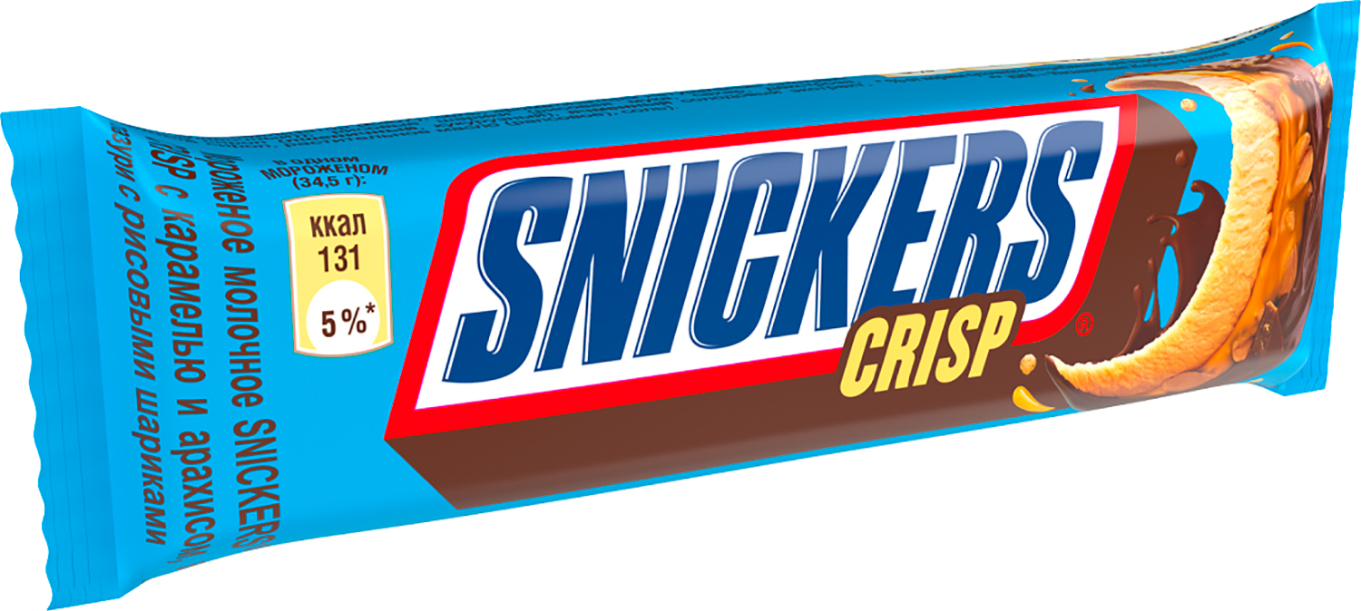 

Мороженое Snickers Crisp батончик карамель арахис в глазури рисовые шарики 34.5г