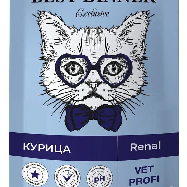 Влажный корм Best Dinner Vet Profi Renal для кошек кусочки в соусе с курицей, для профилактики заболевания почек 85гр