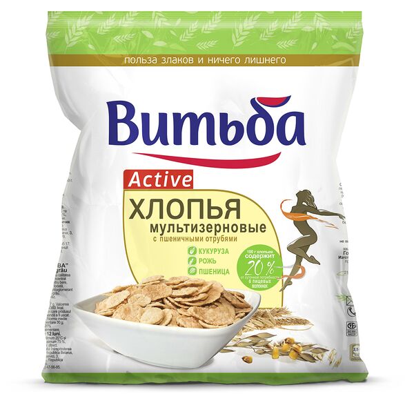 Хлопья мультизерновые ВИТЬБА с пшеничными отрубями Fitness пак вес 250г