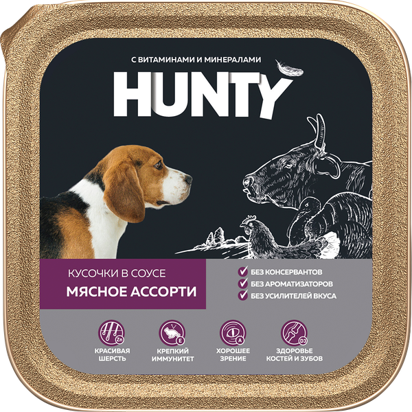 Корм консервированный для взрослых собак HUNTY Мясное ассорти кусочки в соусе