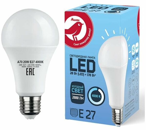 Лампа Ашан Красная птица светодиодная LED груша холодный свет, 20W Е27