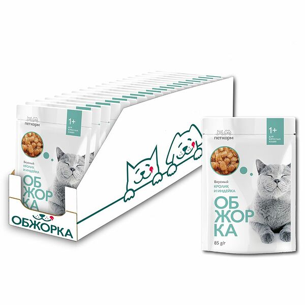 Корм для кошек ОБЖОРКА кусочки в желе с кроликом и индейкой пауч 85г (упаковка - 24 шт)