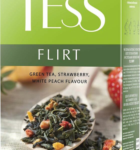 Чай зелёный Tess Flirt с клубникой и ароматом белого Персика, 100г
