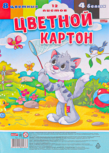 

Картон цветной Profit А4, 12 листов: 8 цветных и 4 белых листа, арт. 12-0434/5/6/9, дизайн в ассортименте