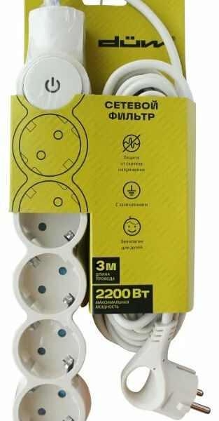 Фильтр сетевой Союз 5 гнезд с выключателем с заземлением, 3 м