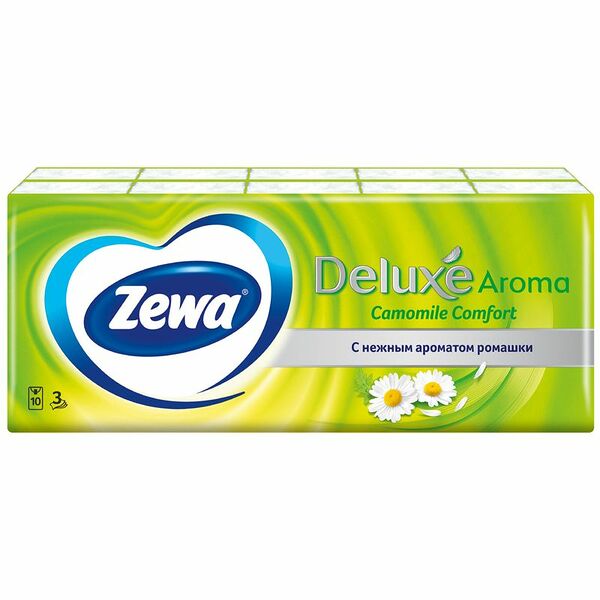 Платки носовые бумажные Zewa Deluxe Ромашка 3 слоя, 10x10шт