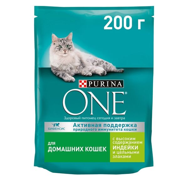 Сухой корм Purina ONE® полнорационный для взрослых кошек, живущих в домашних условиях, с высоким содержанием индейки, 200 г