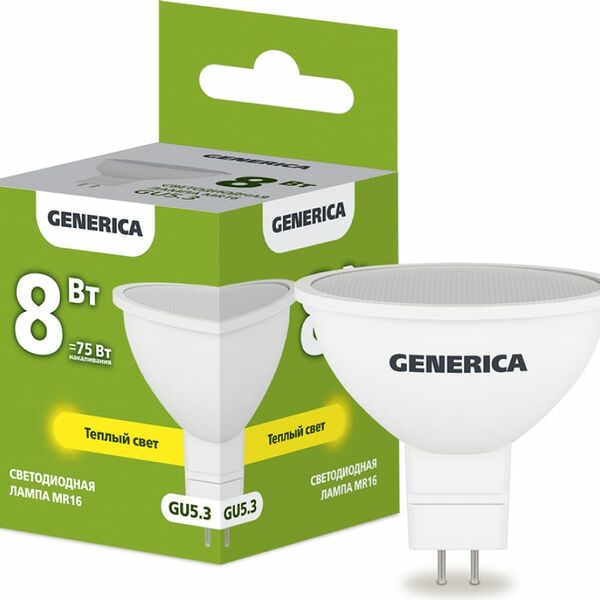 Светодиодная лампа GENERICA MR16 софит 8Вт, 230В, 3000К, цоколь GU5.3 (Арт. LL-MR16-08-230-30-GU5-G)