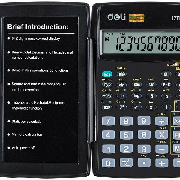Калькулятор научный Deli E1711, 8-р, 56 функций, бат., 120x72мм, черный