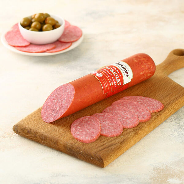 Колбаса Сервелат МясновЪ По-Царски варёно-копчёный