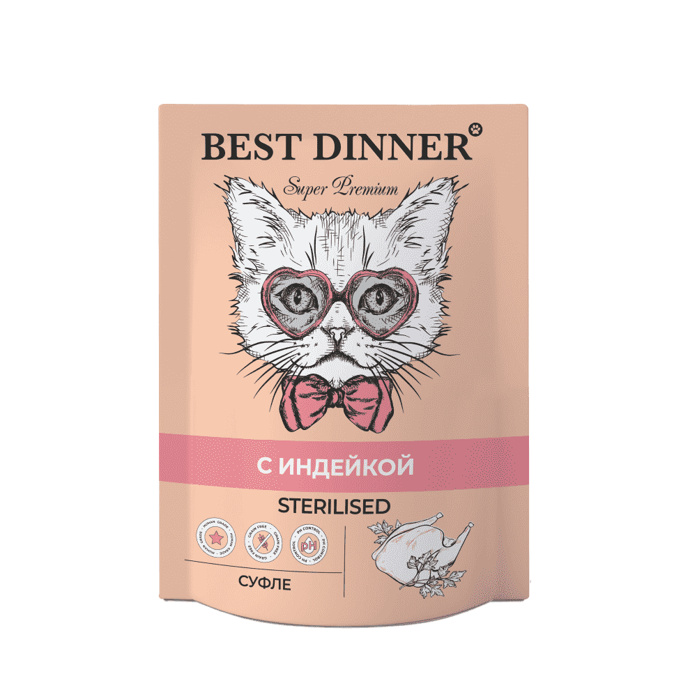 

Корм Best Dinner Sterilised Мясные деликатесы пауч для стерилизованных кошек суфле Индейка 85 г